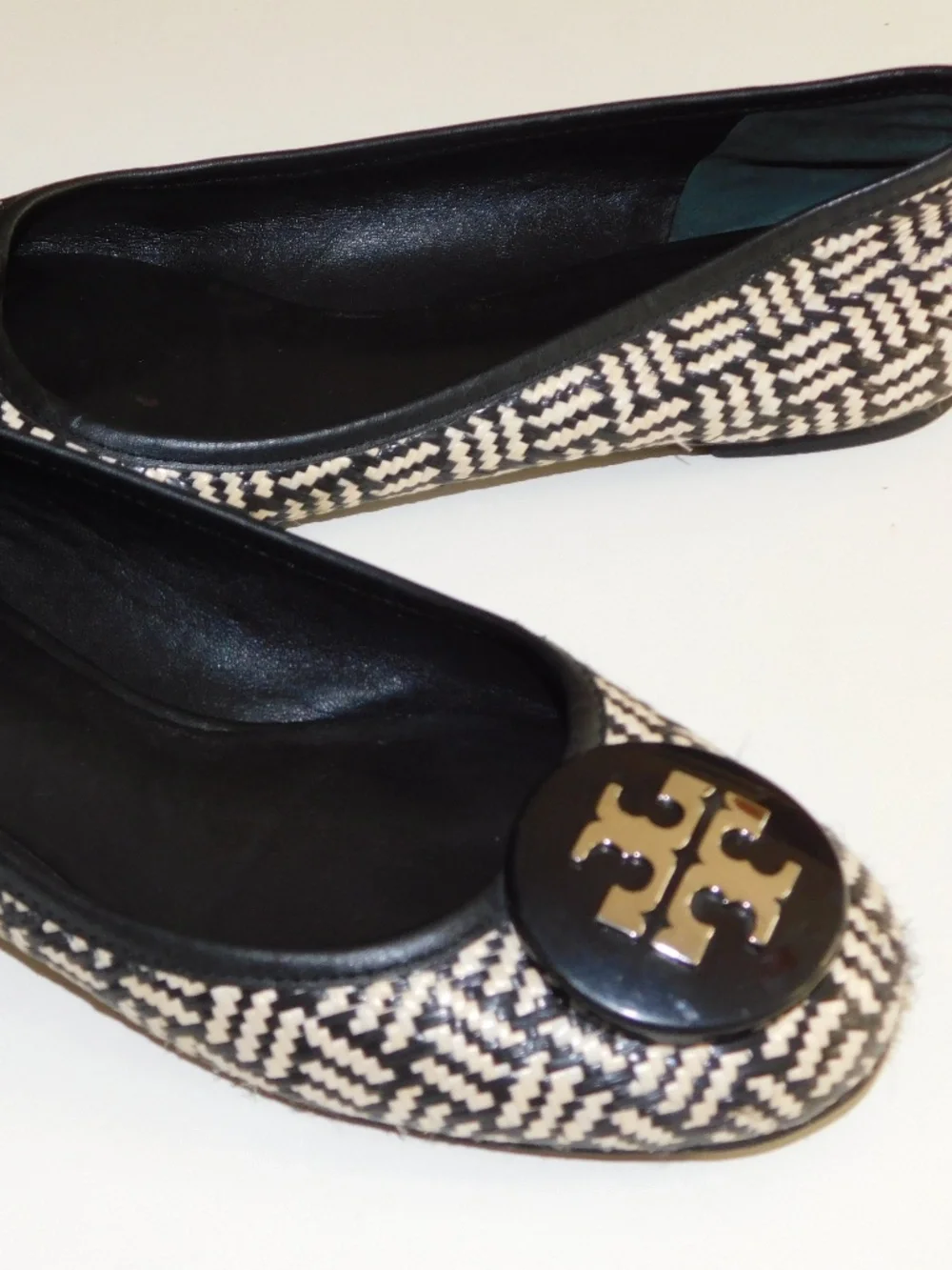Tory Burch Black and Cream Woven Logo Ballet Flats